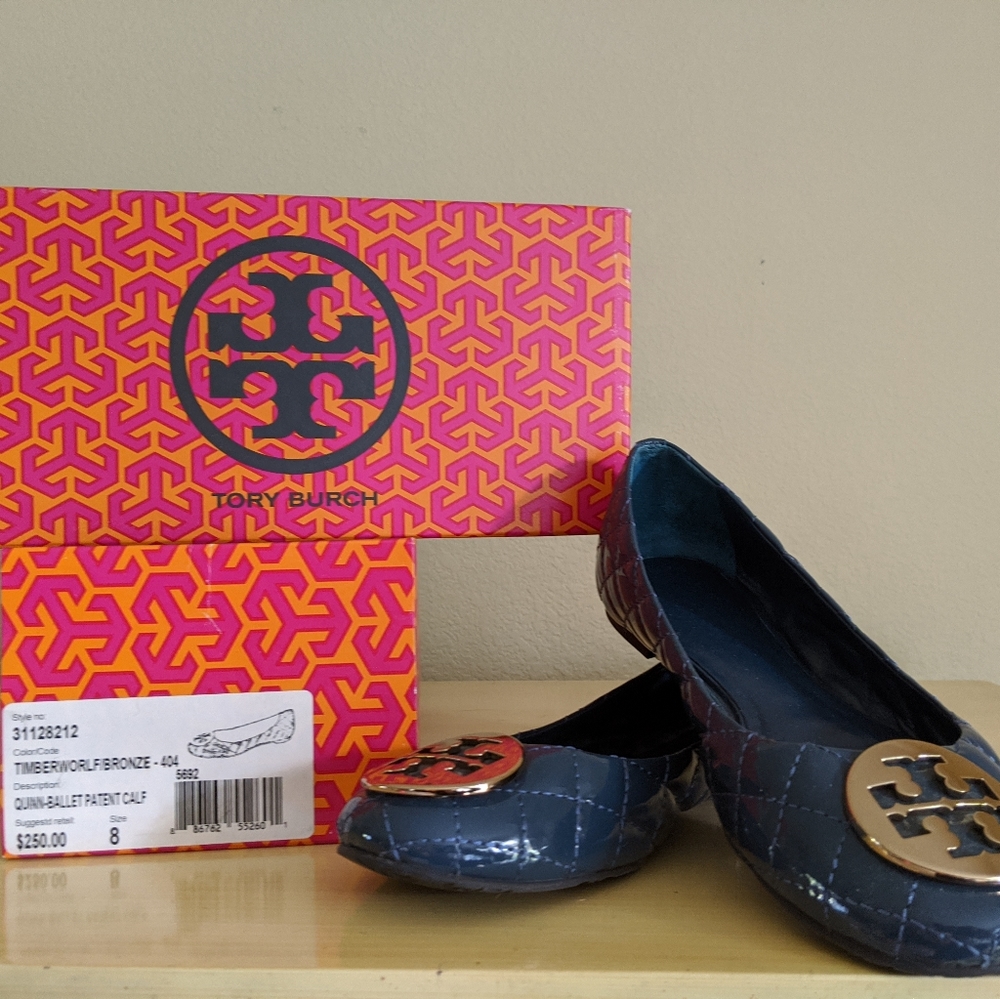 Tory Burch Patent Quilted Navy Ballet Flats